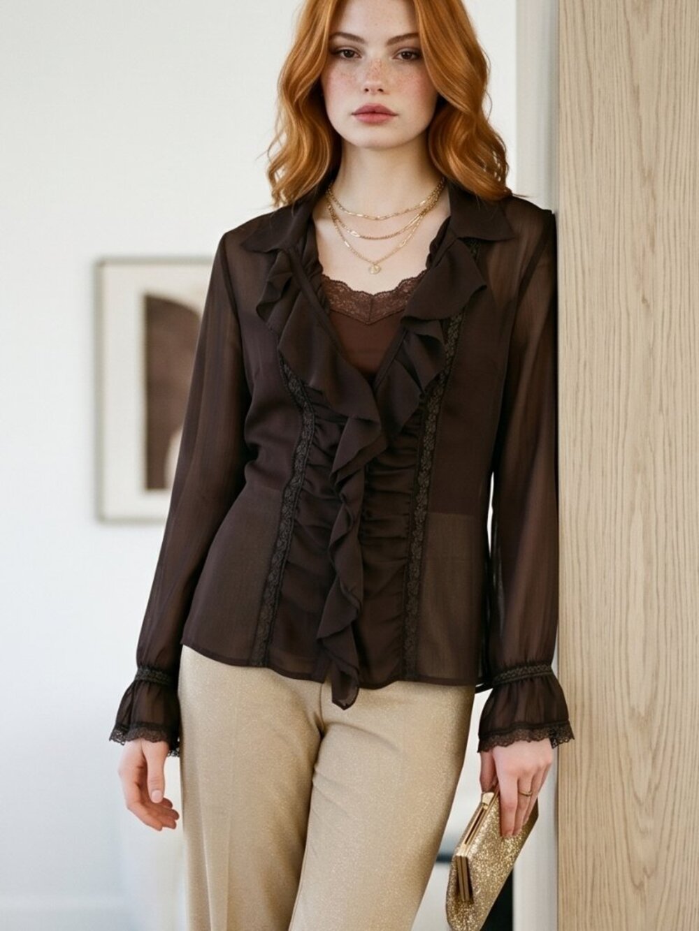 NY&Co. Dark Chocolate Brown Ruched & Ruffled Semi-sheer Blouse Gorgeous!